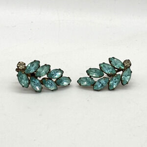 VTG Aqua Blue Rhinestone Earrings Screw Back marked sterling Hollywood Glamour